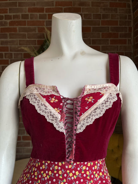 1970s Red Velvet and Floral Prairie Dress