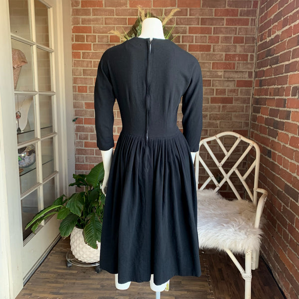 1950s Black V-Neck Wool Dress Wounded Bird