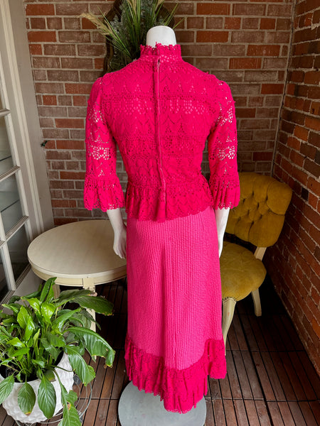 1960s Hot Pink Lace Mexican Dress
