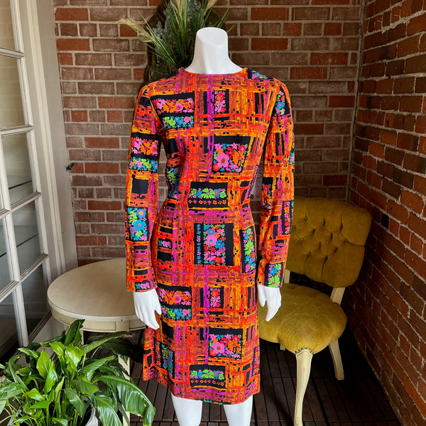 1960s Bark Cloth Neon Floral Dress