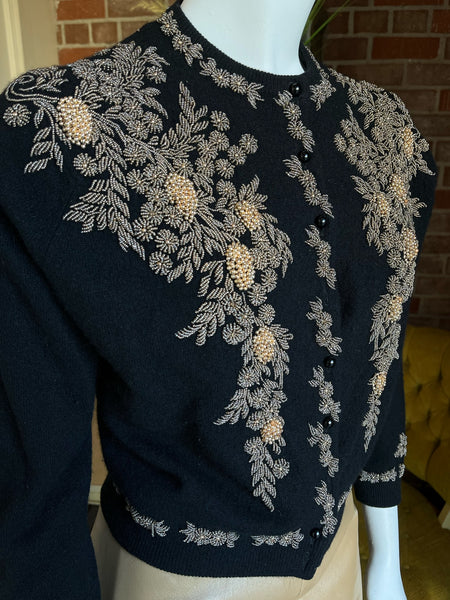 1950s Black Cashmere Gold Beaded Cardigan