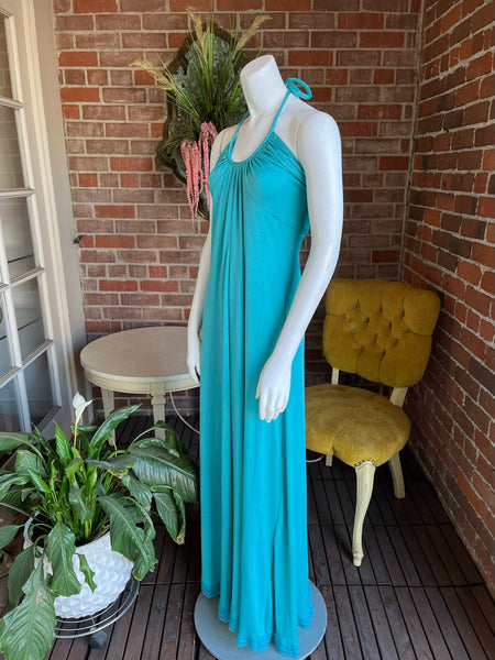 1970s Turquoise Halter Top Maxi Dress