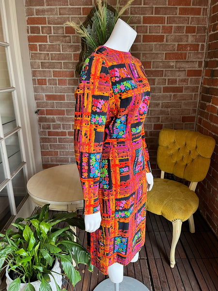 1960s Bark Cloth Neon Floral Dress