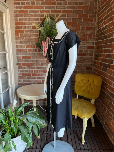 1950s Black Gingham Trim Dress