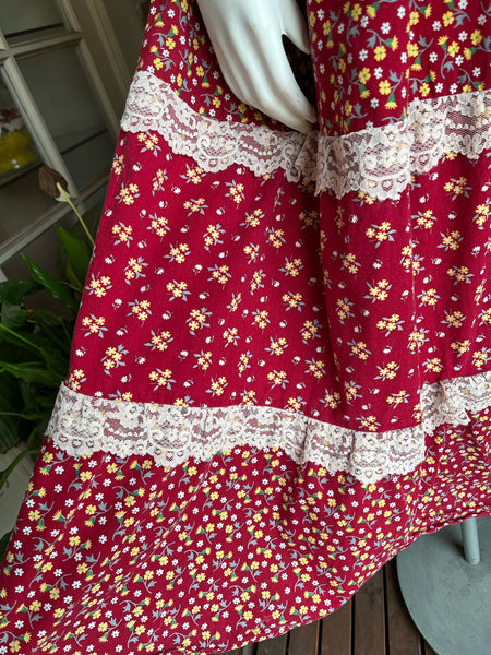 1970s Red Velvet and Floral Prairie Dress