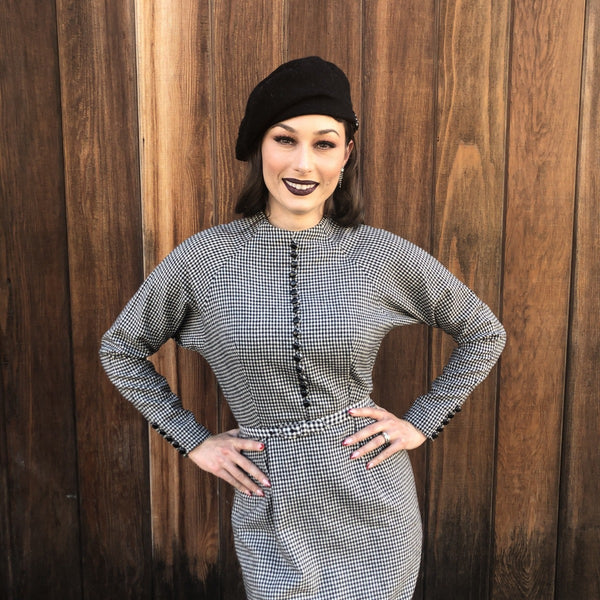 1950s Dolman Sleeve Gingham Wool Dress