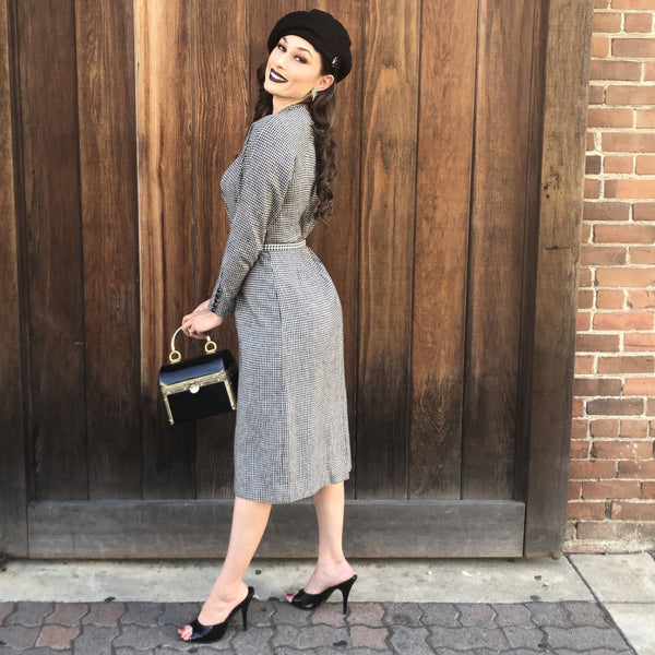 1950s Dolman Sleeve Gingham Wool Dress