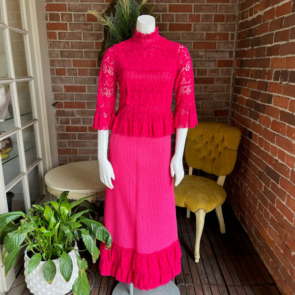 1960s Hot Pink Lace Mexican Dress