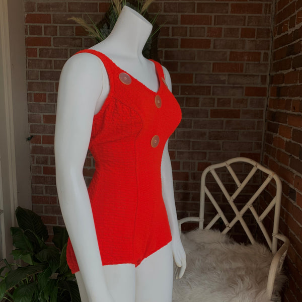 Early 1960s Knit Red and White Lucite Button Swimsuit