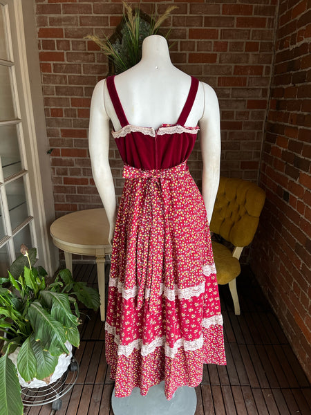 1970s Red Velvet and Floral Prairie Dress