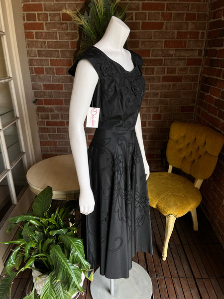 1950s Black Satin Soutache Dress