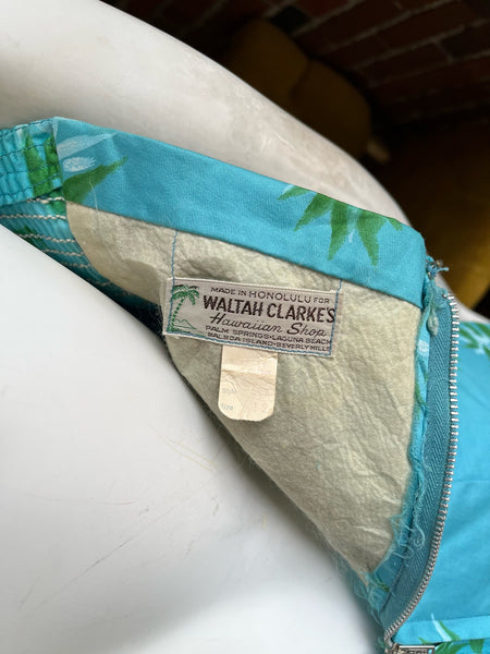 1950s Waltah Clarke Blue Hawaiian Dress
