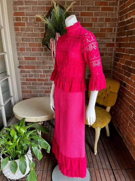 1960s Hot Pink Lace Mexican Dress