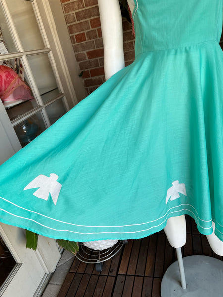 1970s Turquoise Bird Patch Pinafore