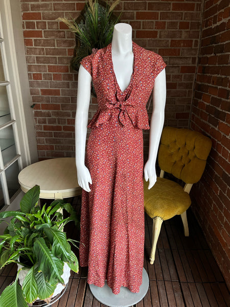 1970s Cinnamon Floral Halter and Bolero Maxi Dress