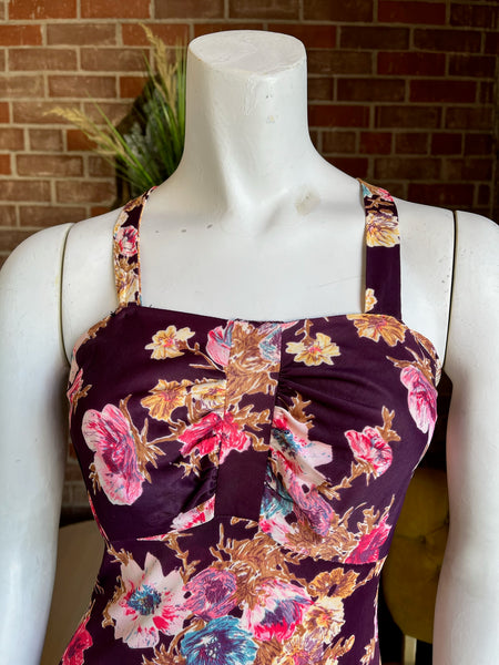 1970s does 1930s Eggplant Floral Maxi Dress