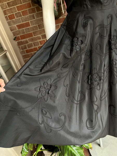 1950s Black Satin Soutache Dress