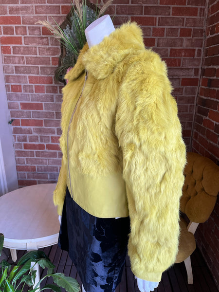 Y2K Chartreuse Rabbit and Leather Trim Fur Jacket
