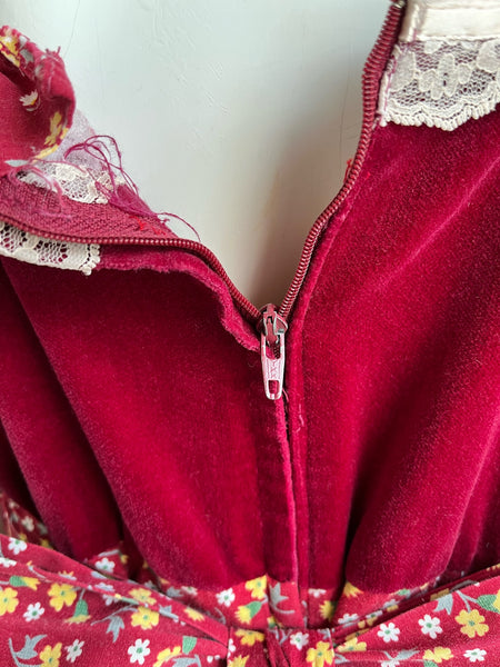 1970s Red Velvet and Floral Prairie Dress