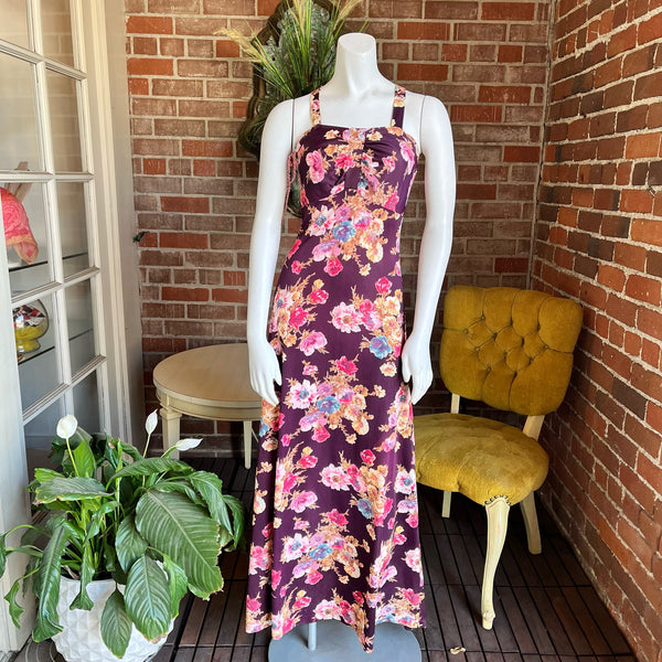 1970s does 1930s Eggplant Floral Maxi Dress