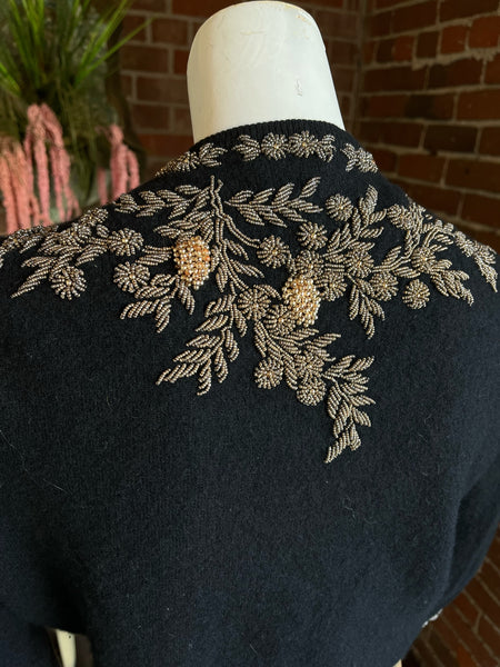 1950s Black Cashmere Gold Beaded Cardigan