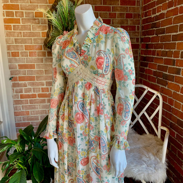 1970s Ruffled Floral and Crochet Maxi Dress