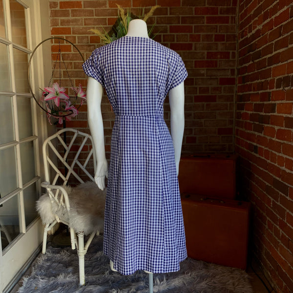 1940s Blue Cotton Gingham Dress
