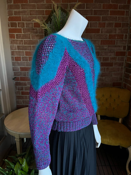 1980s Purple and Teal Knit Angora Striped Sweater
