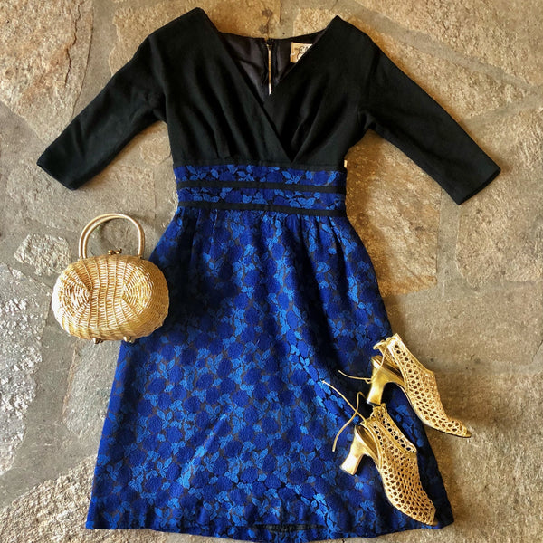 1950s Miss Elliette Blue Roses Wool Dress