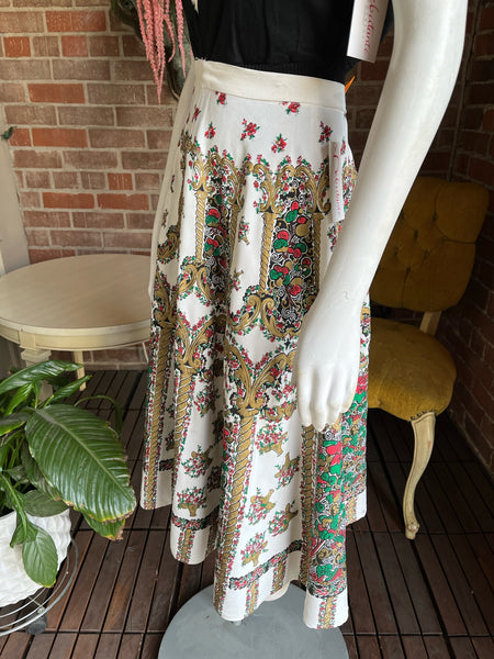 1950s Gold Painted Basket Novelty Print Skirt