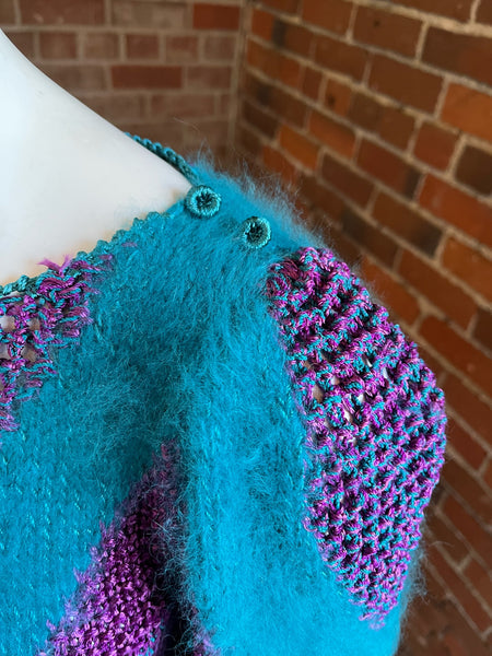 1980s Purple and Teal Knit Angora Striped Sweater