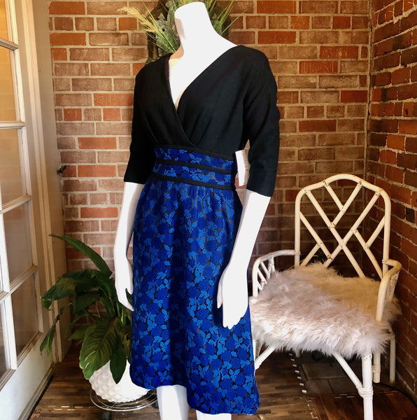 1950s Miss Elliette Blue Roses Wool Dress
