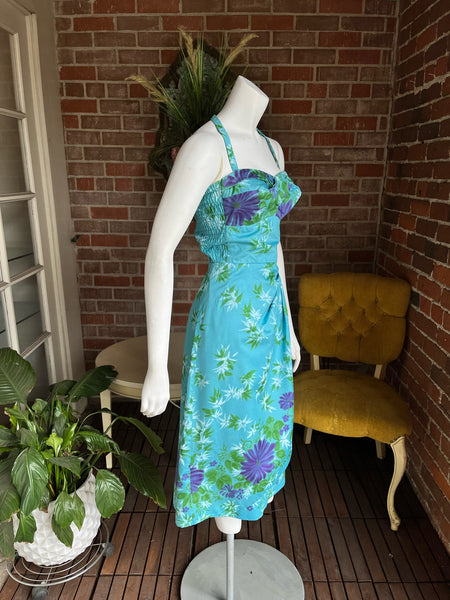 1950s Waltah Clarke Blue Hawaiian Dress