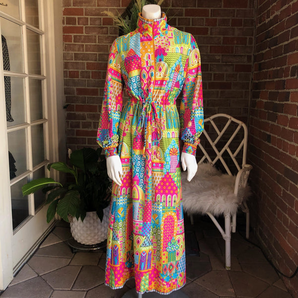 1970s Psychedelic Morocco Nylon Lounge Dress