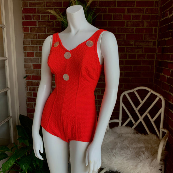 Early 1960s Knit Red and White Lucite Button Swimsuit