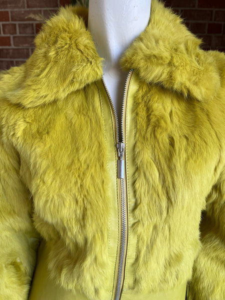 Y2K Chartreuse Rabbit and Leather Trim Fur Jacket