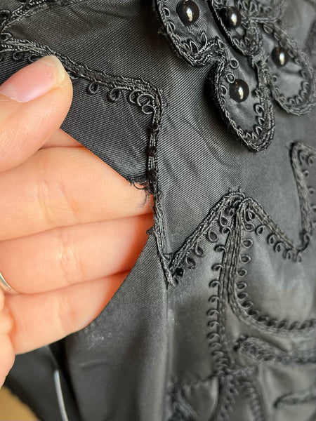 1950s Black Satin Soutache Dress