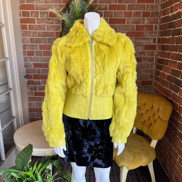 Y2K Chartreuse Rabbit and Leather Trim Fur Jacket