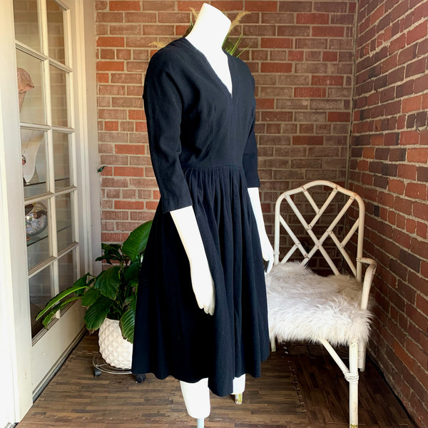 1950s Black V-Neck Wool Dress Wounded Bird