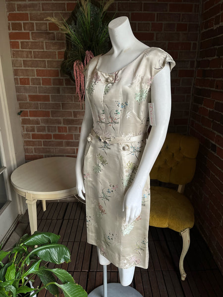 1950s Silk Satin Brocade Floral Dress