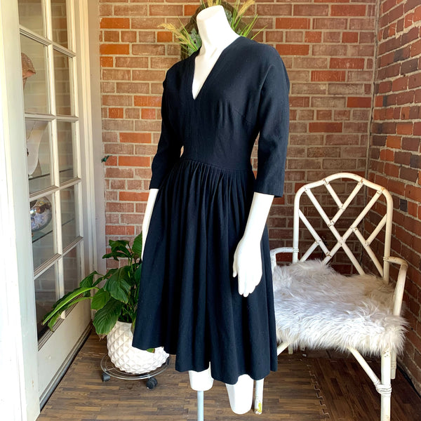 1950s Black V-Neck Wool Dress Wounded Bird