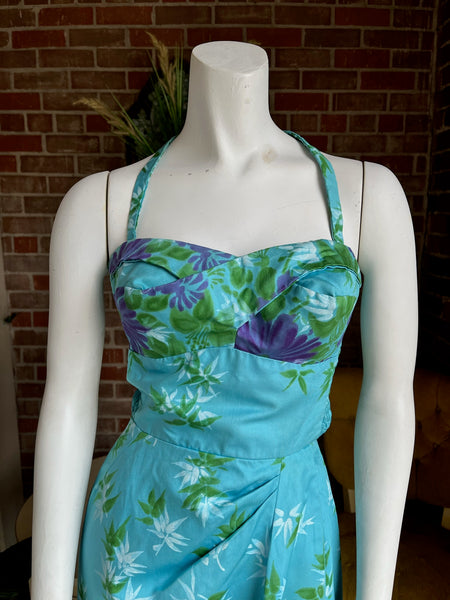 1950s Waltah Clarke Blue Hawaiian Dress
