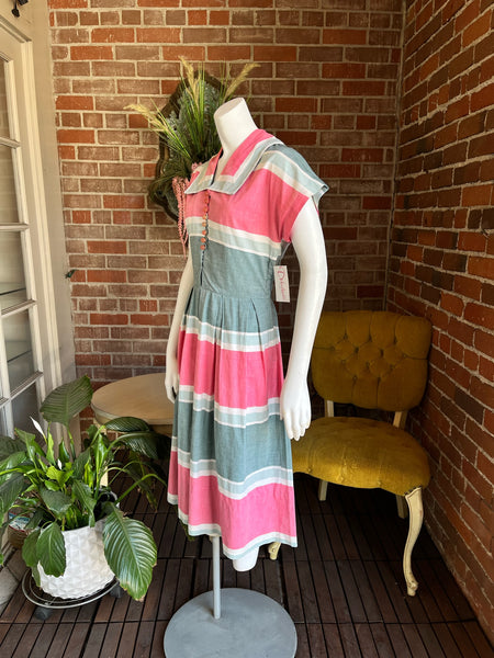 1950s Blue and Pink Striped Dress