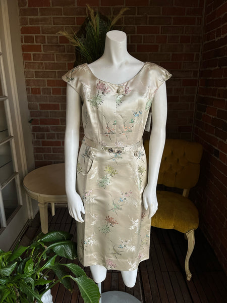 1950s Silk Satin Brocade Floral Dress