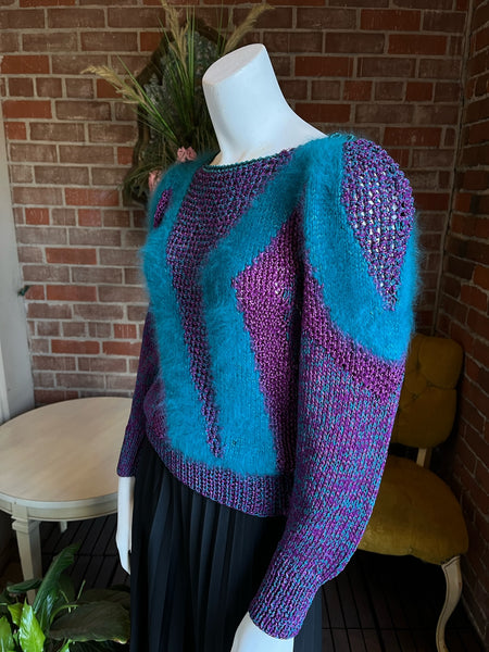 1980s Purple and Teal Knit Angora Striped Sweater