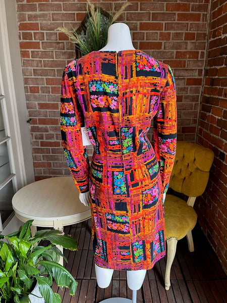 1960s Bark Cloth Neon Floral Dress