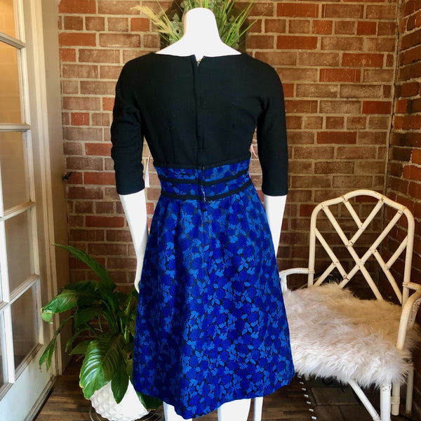 1950s Miss Elliette Blue Roses Wool Dress