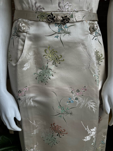 1950s Silk Satin Brocade Floral Dress