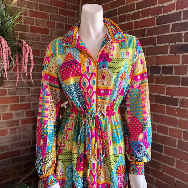 1970s Psychedelic Morocco Nylon Lounge Dress