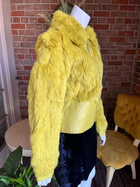 Y2K Chartreuse Rabbit and Leather Trim Fur Jacket